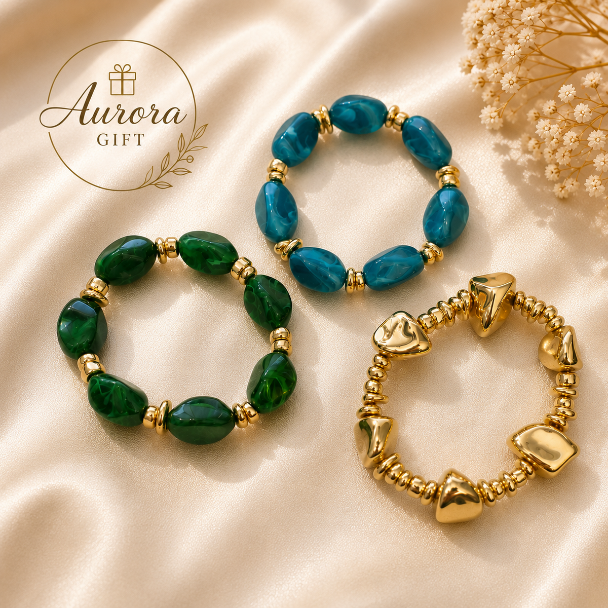 Women’s Beaded Stretch Bracelet Set of 3 – Blue, Green & Gold