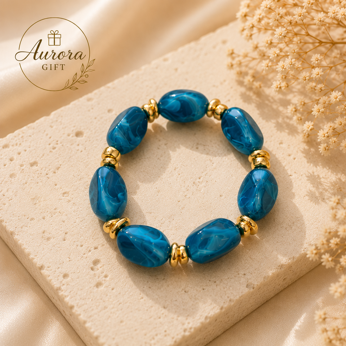 Women’s Beaded Stretch Bracelet Set of 3 – Blue, Green & Gold