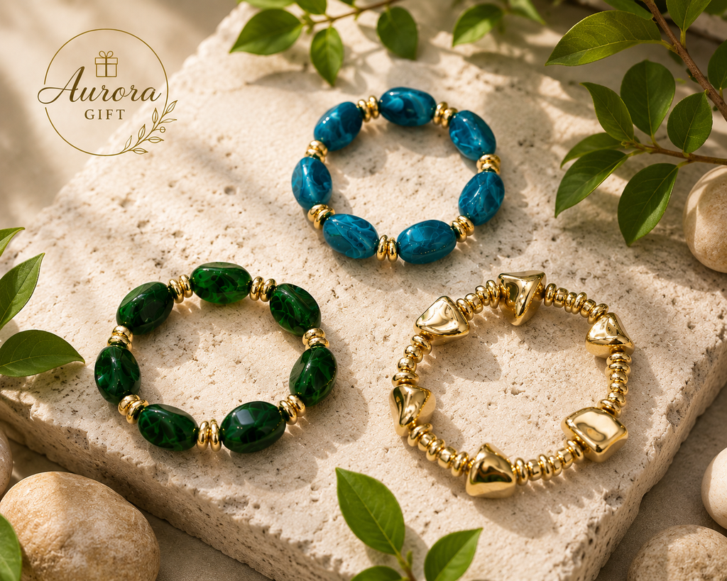 Women’s Beaded Stretch Bracelet Set of 3 – Blue, Green & Gold