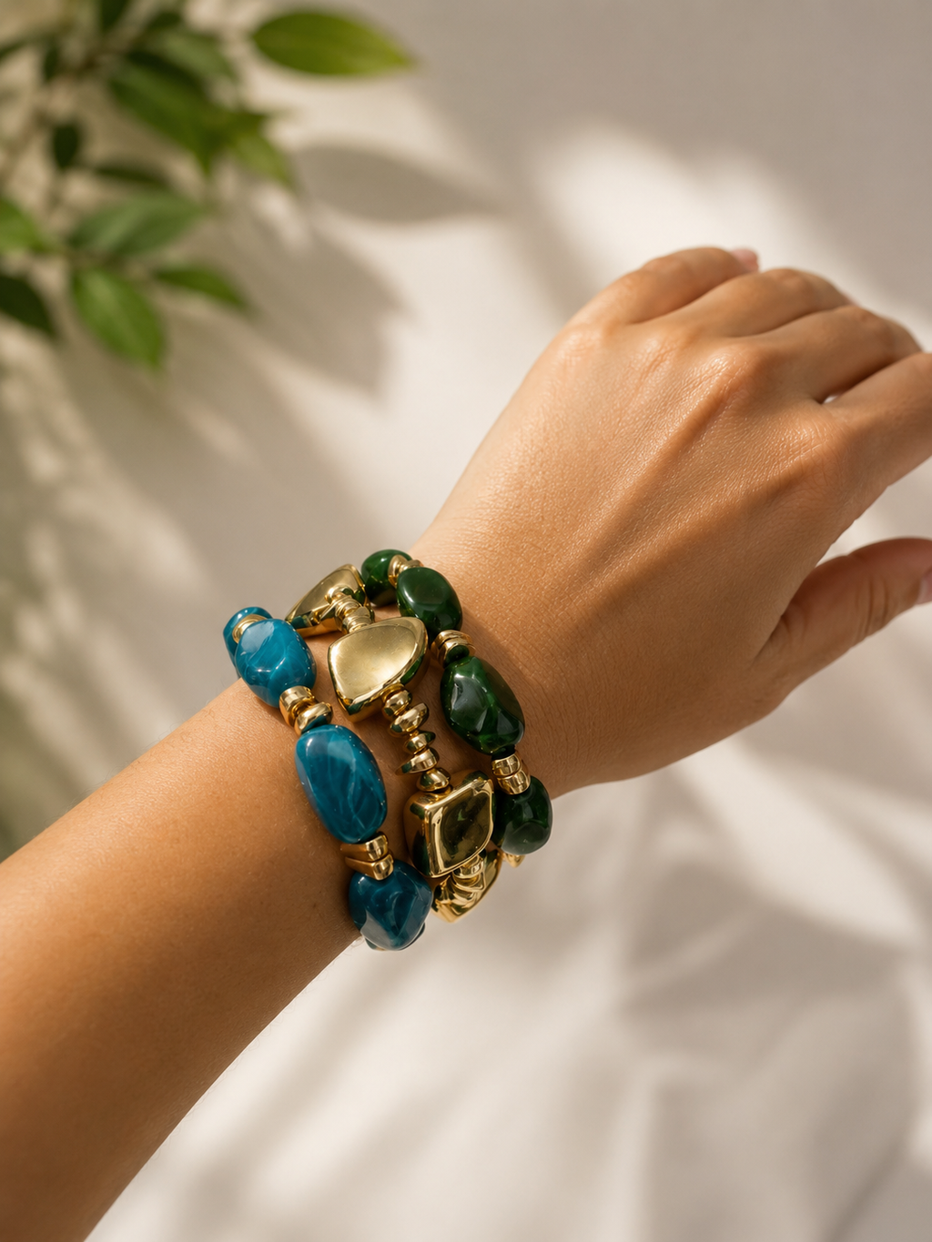 Women’s Beaded Stretch Bracelet Set of 3 – Blue, Green & Gold